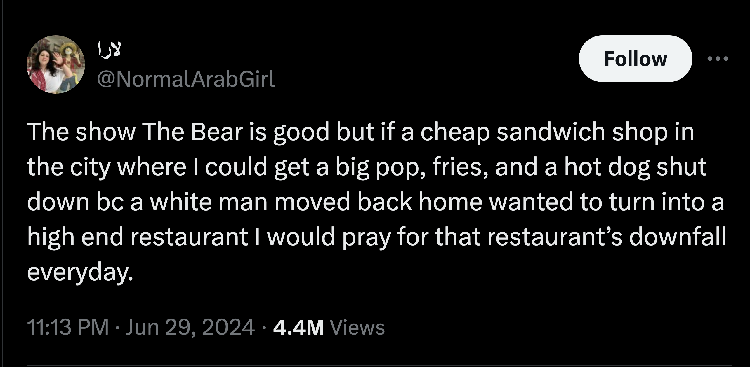 screenshot - The show The Bear is good but if a cheap sandwich shop in the city where I could get a big pop, fries, and a hot dog shut down bc a white man moved back home wanted to turn into a high end restaurant I would pray for that restaurant's downfal